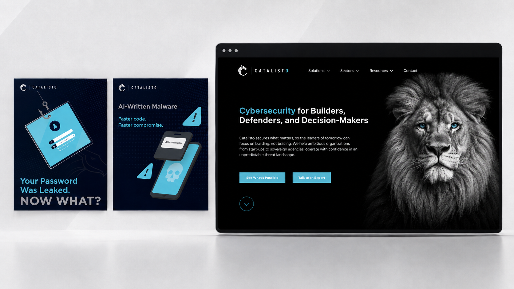 Catalisto cybersecurity rebrand, website design and physical brand applications by Monique Meintjes.